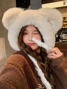 1頂女式耳帽捕獸者帽,暖和毛絨帽帶可愛的耳朵,冬季防風防雪帽 - 白色 - 查看 3