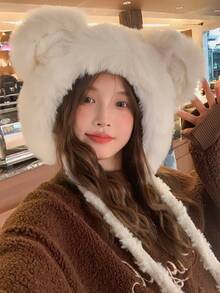 1頂女式耳帽捕獸者帽,暖和毛絨帽帶可愛的耳朵,冬季防風防雪帽 - 白色 - 查看 4