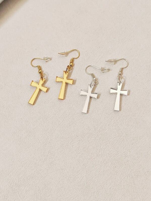 1pair Vintage Cute Mirror Finish Gold & Silver Acrylic Cross Earrings Suitable For Women's Daily Wear