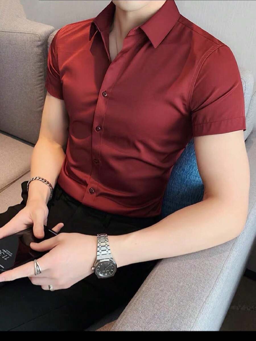 Men Shirts - 酒紅色 - 查看 1