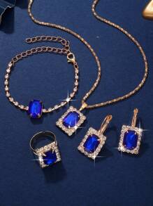 5pcs/set Women's Blue Jewel Square Shaped Jewelry Set - Royal Blue - View 3
