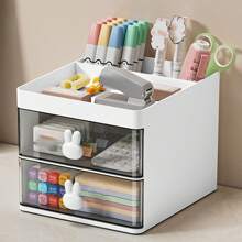 1pc Stationery Desk Organizer With Drawer, Office Desktop Storage Rack For Various Items, Minimalist Style And Large Capacity Storage Box For Students - White - View 4