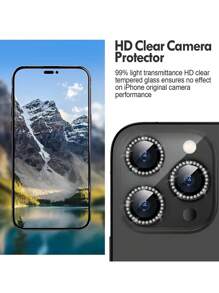Película protectora de lente de cámara de Apple, estuche protector de lente con cristales de Rhinestone, regalo brillante de cristal para cumpleaños, familia, amigos, película protectora de lente, accesorios para teléfonos, a prueba de agua, a prueba de golpes, anti-caída, anti-arañazos, anti-huellas dactilares, cobertura completa - Negro - Ver 5