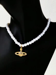 1pc Pearl Planet Pendant Necklace - Yellow Gold - View 2