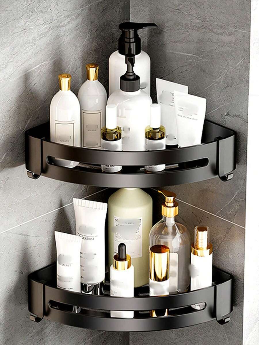 Estante De Almacenamiento Para El Baño Sin Perforaciones, Estante De Almacenamiento Minimalista De Color Sólido Montado En La Pared, 1 Ud. - Negro - Ver 1