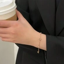 1pc Gold-Tone Stainless Steel Cubic Zirconia And Roman Numeral Charms Beaded Bracelet For Vintage, Fashionable And Personalized Style Suitable For Women, Couple, Streetwear, Daily Wear, Work, Party And Any Occasions