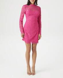Lace Mock Neck Bodycon Mini Dress - 粉色 - 查看 5