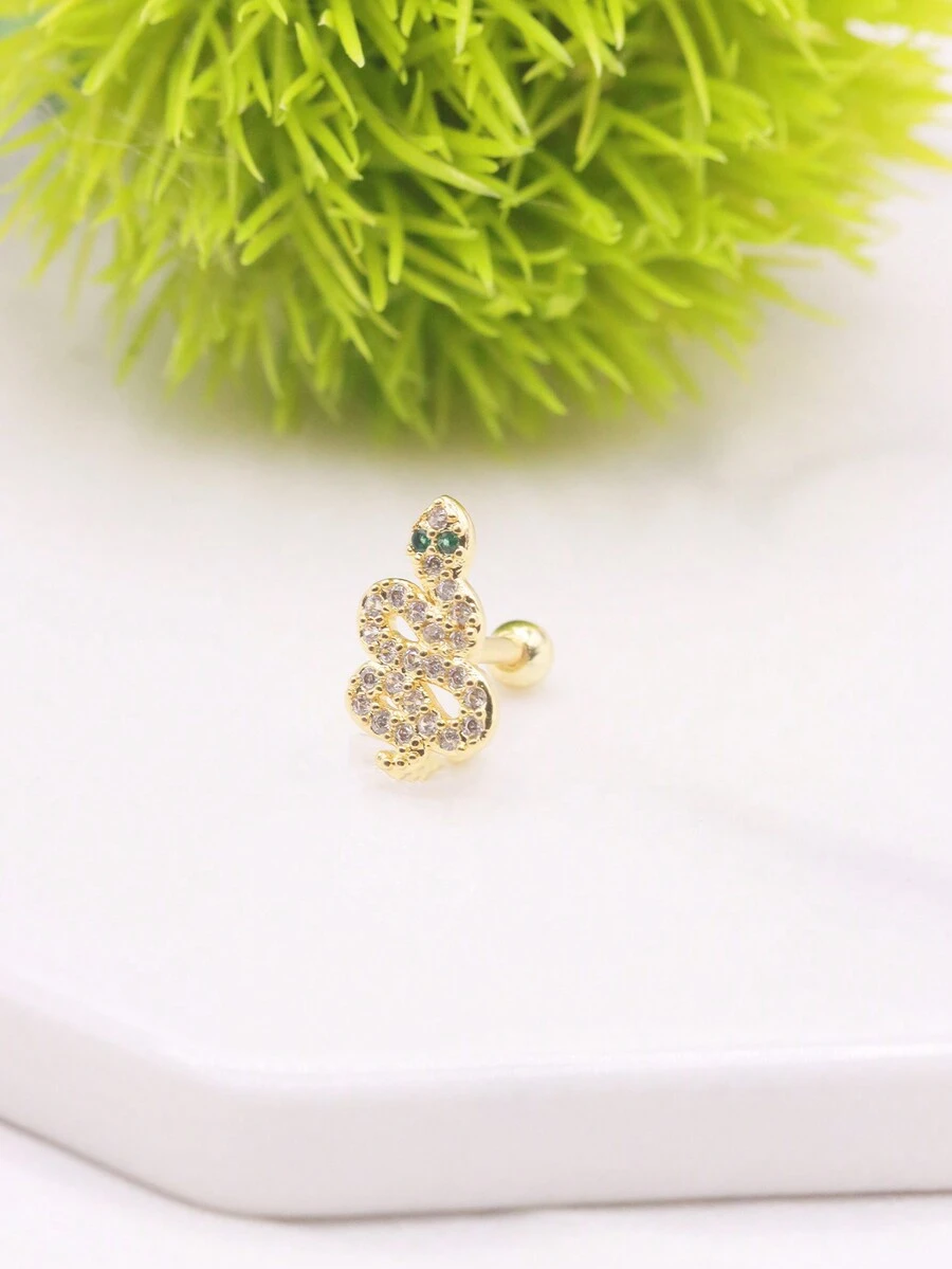 1pc Diamond-studded Animal Snake Pattern Twisted Ear Stud, For Body Piercing Jewelry - Yellow Gold - View 1