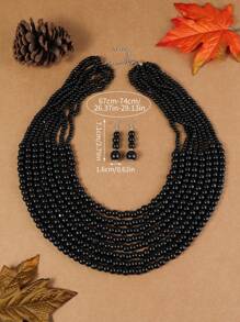 3入組層疊夸張復古風手工重度編織木珠耳環,適合波西米亞、歐洲、非洲和韓國風格的聚會、假期和聚會 - 黑色 - 查看 6