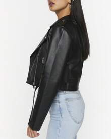Faux Leather Cropped Moto Jacket - Black - View 3