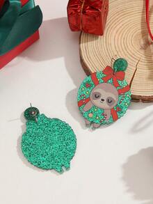 1 對聖誕風格壓克力綠色圓圈和粉紅色蝴蝶結和樹懶形狀吊墜耳環適合女士聖誕配件
