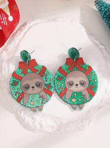 1 對聖誕風格壓克力綠色圓圈和粉紅色蝴蝶結和樹懶形狀吊墜耳環適合女士聖誕配件