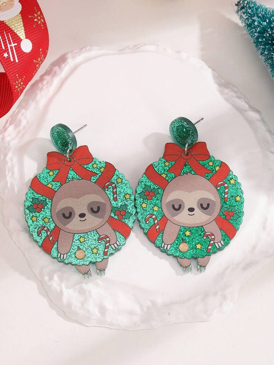 1 對聖誕風格壓克力綠色圓圈和粉紅色蝴蝶結和樹懶形狀吊墜耳環適合女士聖誕配件