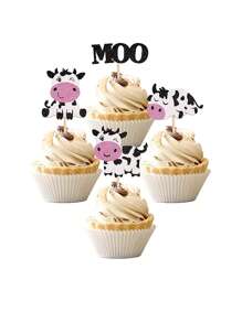 12 PCS Cow Cupcake Toppers Glitter Farm Animals Moo Cupcake Picks Cow Theme Birthday Party Cake Decorations Supplies, Back To School Valentine Day - Multicolor - View 1