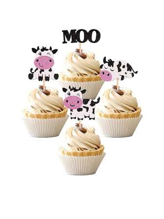 12 PCS Cow Cupcake Toppers Glitter Farm Animals Moo Cupcake Picks Cow Theme Birthday Party Cake Decorations Supplies, Back To School Valentine Day