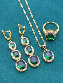 3入組鑽石鑲嵌耳環、戒指、吊墜項鏈套裝