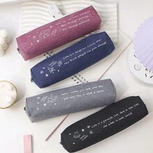星球和字母印花方形筆袋,極簡風格,大容量,帆布材質,桌面組織功能,適用於學生文具收納