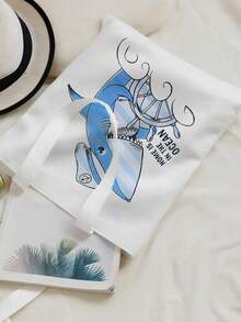 兒童可愛鯊魚圖案帆布手提包,便攜式動漫單肩包,可重複使用購物手提包可重複使用購物單肩包,便攜式旅行海灘包 - 米色 - 查看 4