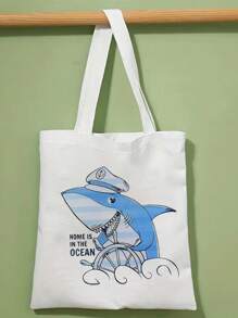 兒童可愛鯊魚圖案帆布手提包,便攜式動漫單肩包,可重複使用購物手提包可重複使用購物單肩包,便攜式旅行海灘包 - 米色 - 查看 1