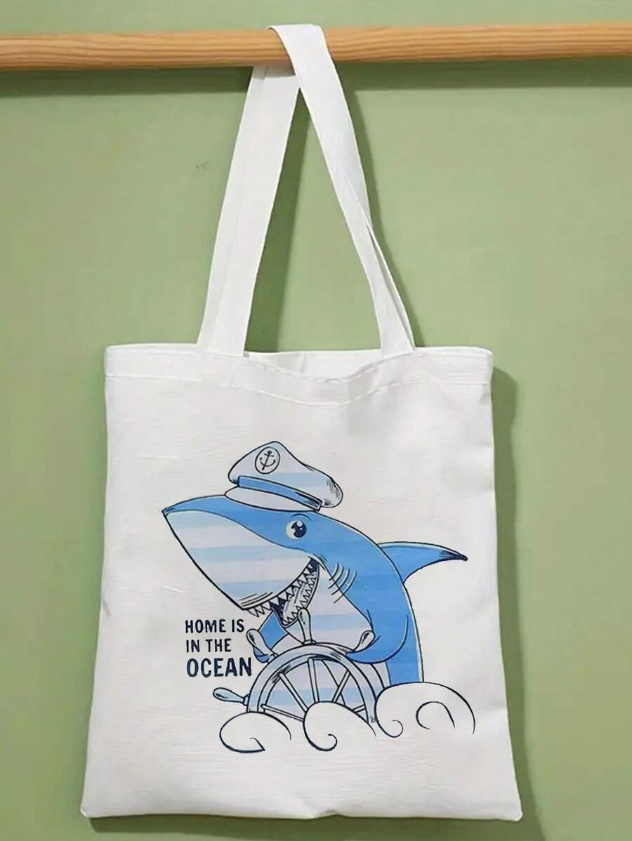 兒童可愛鯊魚圖案帆布手提包,便攜式動漫單肩包,可重複使用購物手提包可重複使用購物單肩包,便攜式旅行海灘包 - 米色 - 查看 1