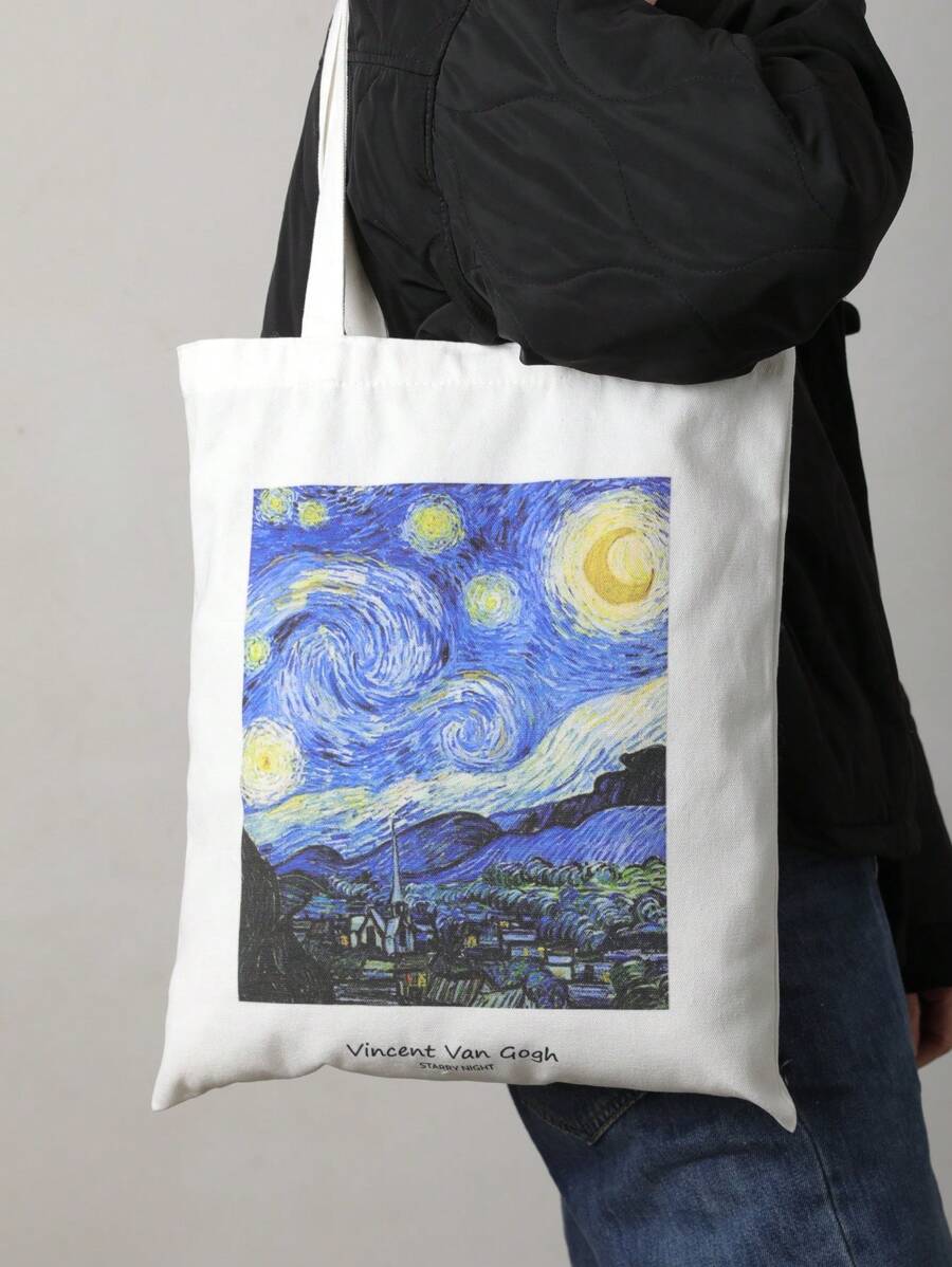 星夜油畫藝術平圖購物袋休閒風格可重複使用雙手提書包,適用於研究生、少女、大一、大二、大三及高中生,適合戶外活動、旅行和返校 - 白色 - 查看 1
