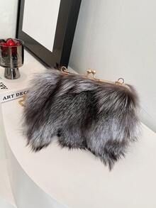 Faux Fox Fur Clutch Bag With Chain Strap, Shoulder Bag & Handbag For Autumn And Winter - Black - View 5