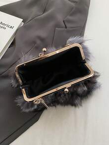 Faux Fox Fur Clutch Bag With Chain Strap, Shoulder Bag & Handbag For Autumn And Winter - Black - View 9