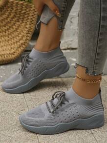 Women's Comfortable Knitted Athletic Shoes Plus Size Low Top Flat Casual Shoes 2023 Autumn New Arrival - Grey - View 2