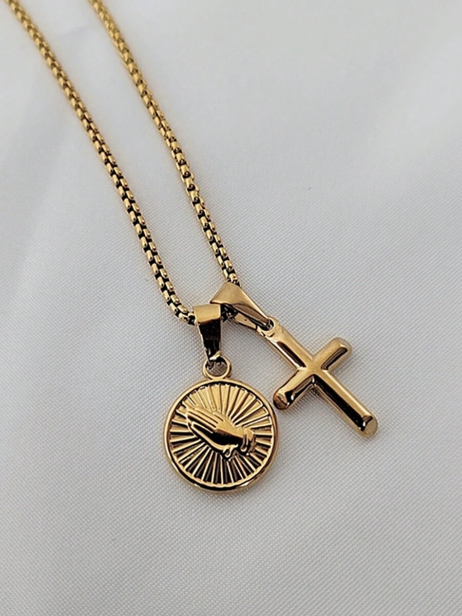 MECYLIFE 1 件不銹鋼男士項鍊帶手形和十字吊墜 - 金黃色 - 查看 1
