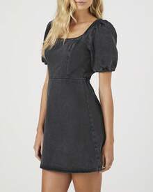 Denim Puff-Sleeve Mini Dress - Grey - View 2