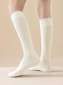 1 双女士冬季厚款保暖内衬纯黑色及膝高筒袜 Jk 袜子，百搭 - 白色 - 查看 5