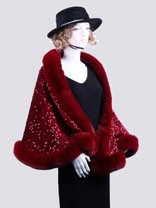 女士重檔刺繡亮片裝飾,輕奢時尚優雅,適用於晚宴和舞會,加厚絨毛披風和圍巾