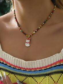 1件彩色珠子頸鏈鋅合金聖誕老人/花環/聖誕樹吊墜項鍊,適用於女孩新年派對聖誕飾品禮物 - 彩色 - 查看 2