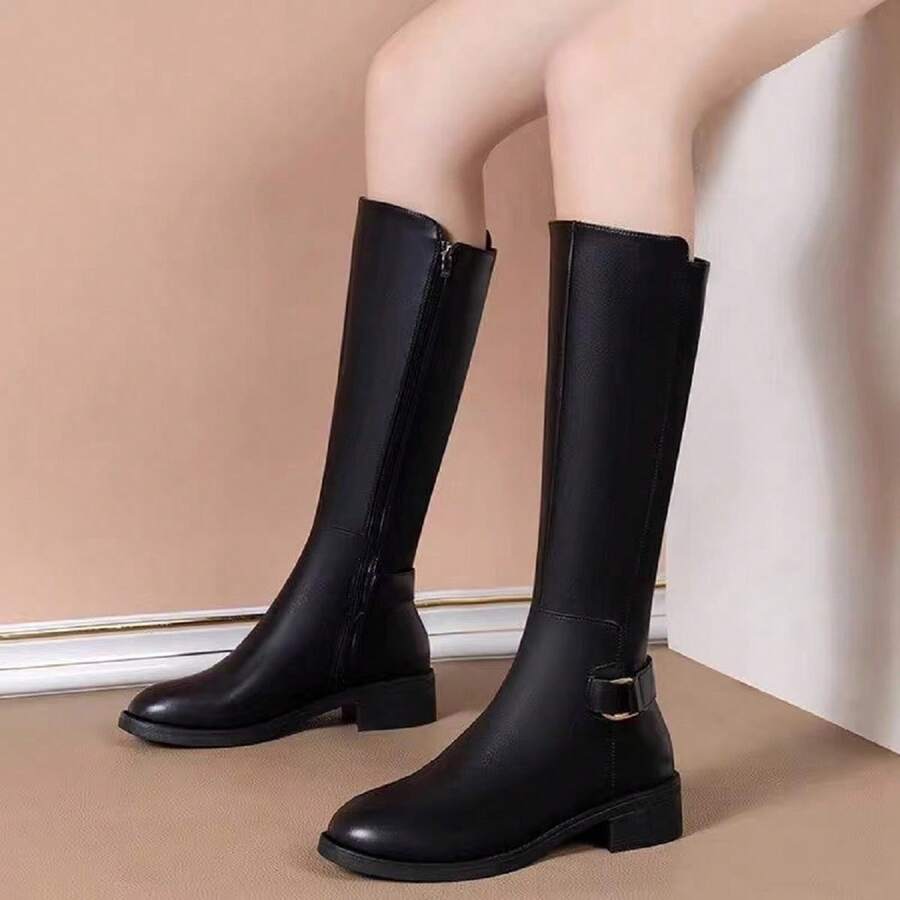 Botas De Equitación De Media Caña Con Punta Redonda Estilo Coreano Para Mujeres - Negro - Ver 1