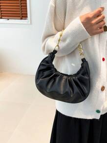 時尚迷你金屬鏈多用途女士實色百褶雲褶手拿包 - 黑色 - 查看 4