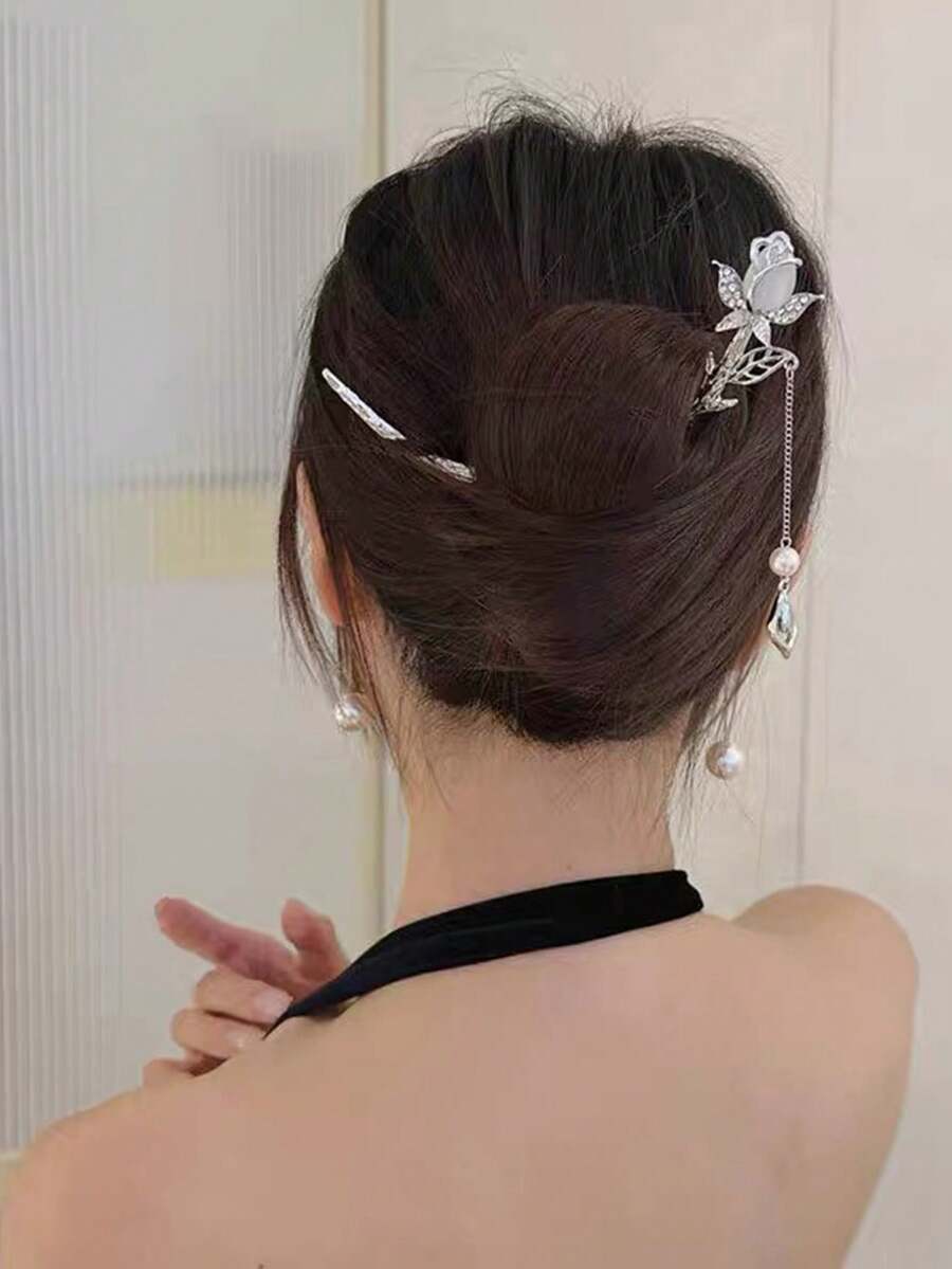 1pc 16cm Silver Tulip Tassel Hairpin With Cat Eye Stone & Rhinestone - Silver - View 1