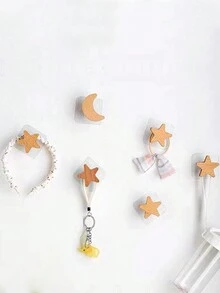 1入組可愛的白色木質雲朵、月亮和星星設計掛鉤,適用於冰箱、牆面、家具、櫥櫃、浴室、抽屜等地方,高級榉木材質,附帶方形自粘式掛鉤