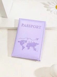件 PU 材料護照夾，帶燙印和字母地圖印刷設計，雙折疊旅行證件保護套護照套護照套護照錢包護照袋護照袋飛行返校男女旅行必需品旅行配件 - 淺灰紫 - 查看 3