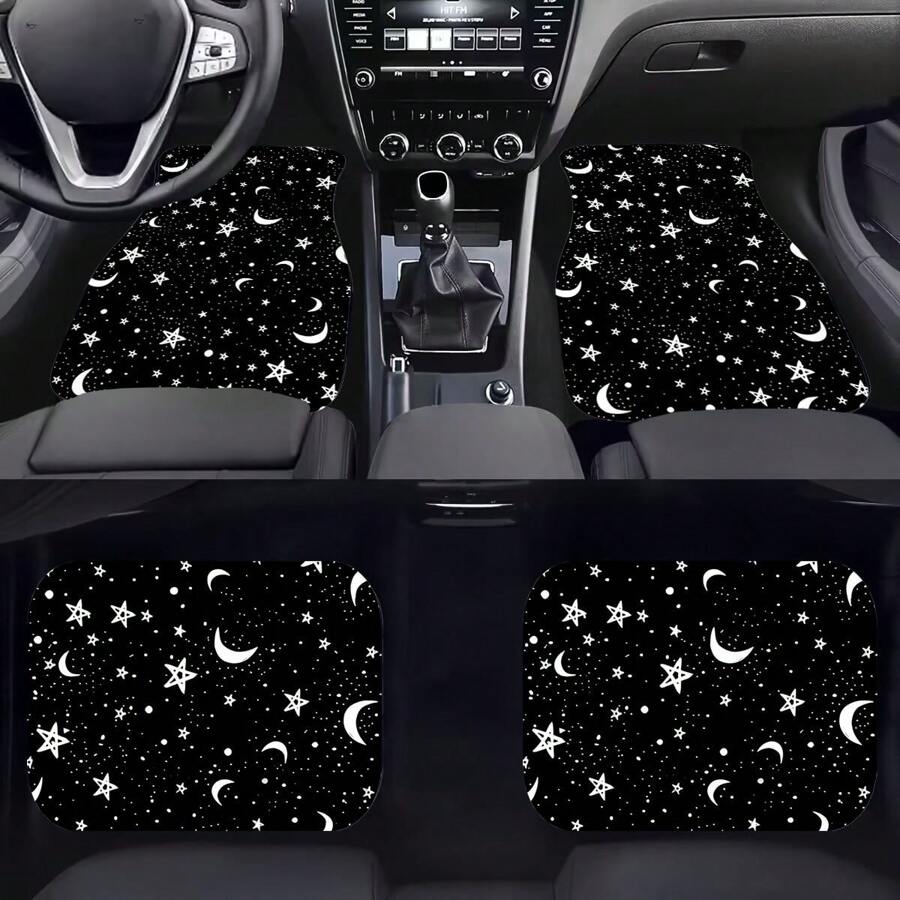 4 pièces/set Tapis de sol de voiture avec motif imprimé d'étoiles et de lune, accessoires de voiture universels antidérapants