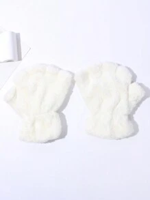 女性1對白色毛絨絨貓爪款半掌手套,暖和又可愛,適用於秋冬戶外活動和日常使用 - 白色 - 查看 5