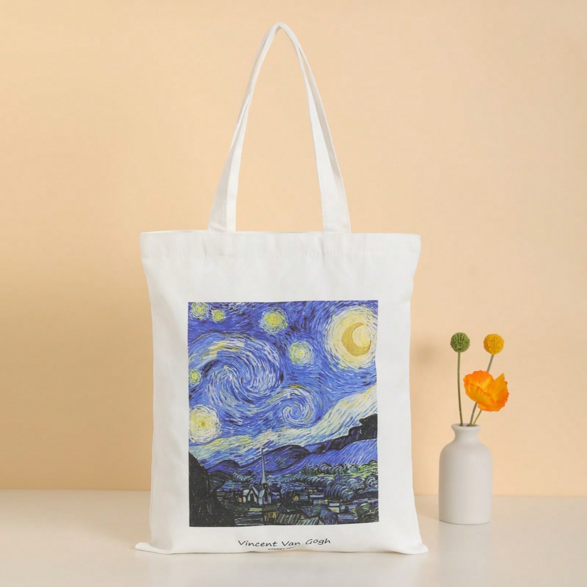 Sac D'achats Graphiques Artistiques De Peinture Ã€ L'huile De Nuit Ã‰toilÃ©e, Style DÃ©contractÃ©, RÃ©utilisable, Ã€ Double PoignÃ©e Pour Ã‰tudiants
