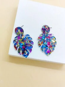 1雙波西m亞撞色熱帶印花樹葉耳墜適合女士日常裝飾 - 彩色 - 查看 3