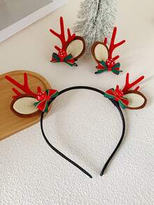 3入組聖誕主題髮飾套裝,包括馴鹿鹿角頭箍、髮夾和蕈型髮夾,適用於節日打扮