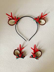 3入組聖誕主題髮飾套裝,包括馴鹿鹿角頭箍、髮夾和蕈型髮夾,適用於節日打扮