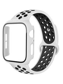 2-In-1 Compatible With Apple Watch Band And Case Combination Set For Men And Women, Soft And Breathable Hollow Polka Dot Sports Silicone Strap + Two-Color Anti-Drop And Scratch-Resistant Pc And Tempered Glass Screen Film Integrated Case, Compatible With Apple Watch 40/41/42/44/45/46/49mm Replacement Strap Case, Compatible With Apple Watch Series Ultra/11/10/9/8/7/6/5/4/Se, Fashionable And Easy To Wear Strap Case - White - View 1