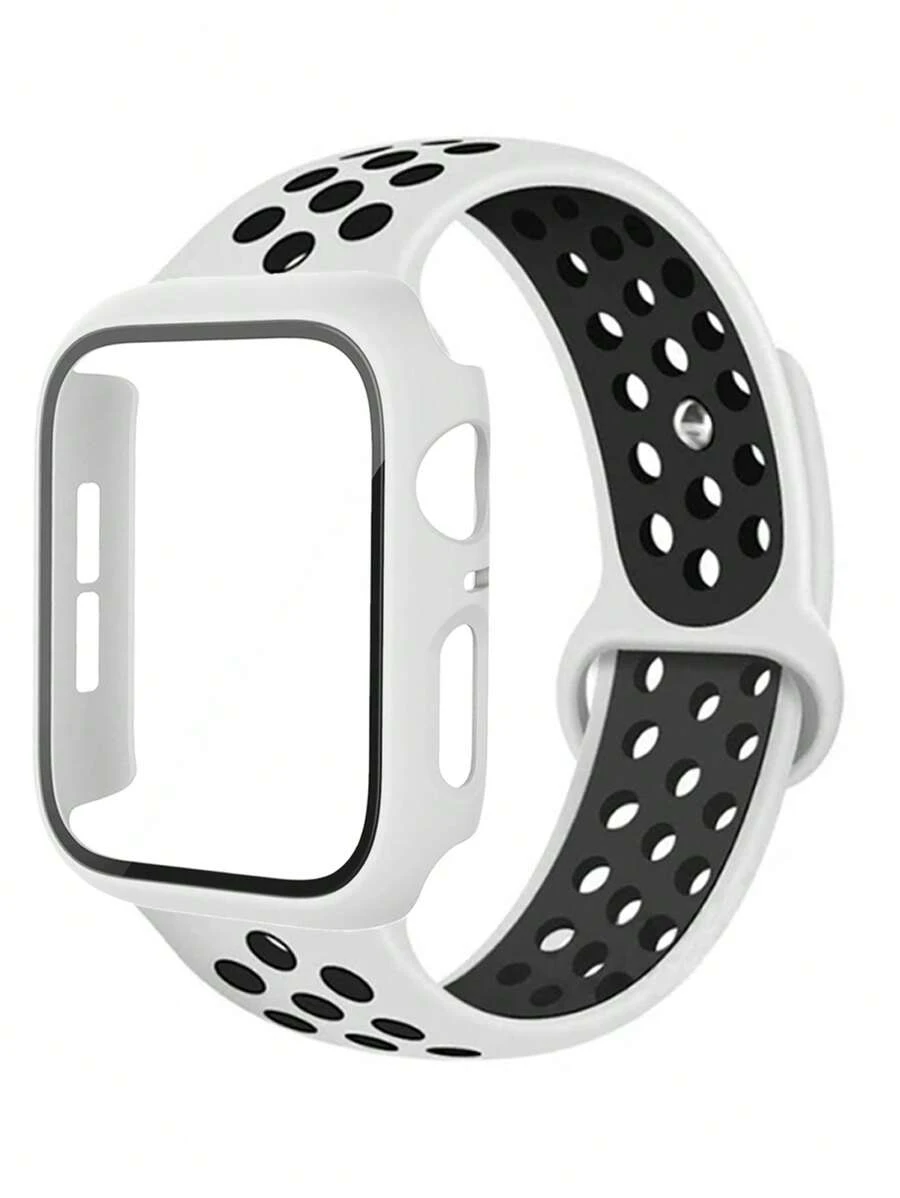 2-In-1 Compatible With Apple Watch Band And Case Combination Set For Men And Women, Soft And Breathable Hollow Polka Dot Sports Silicone Strap + Two-Color Anti-Drop And Scratch-Resistant Pc And Tempered Glass Screen Film Integrated Case, Compatible With Apple Watch 40/41/42/44/45/46/49mm Replacement Strap Case, Compatible With Apple Watch Series Ultra/11/10/9/8/7/6/5/4/Se, Fashionable And Easy To Wear Strap Case - White - View 1