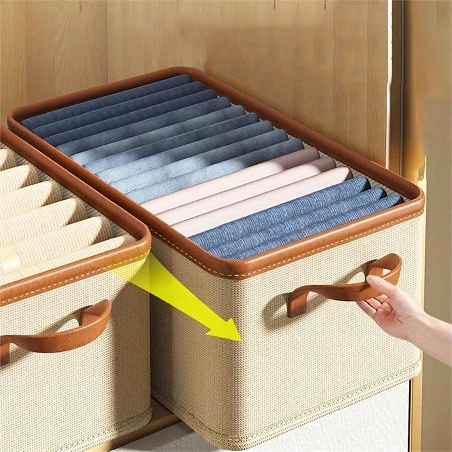 1個升級加厚衣物和褲子收納盒,帶格子設計,可放置於衣櫥中,家庭牛仔褲分類容器,有組織者 - 米色 - 查看 1