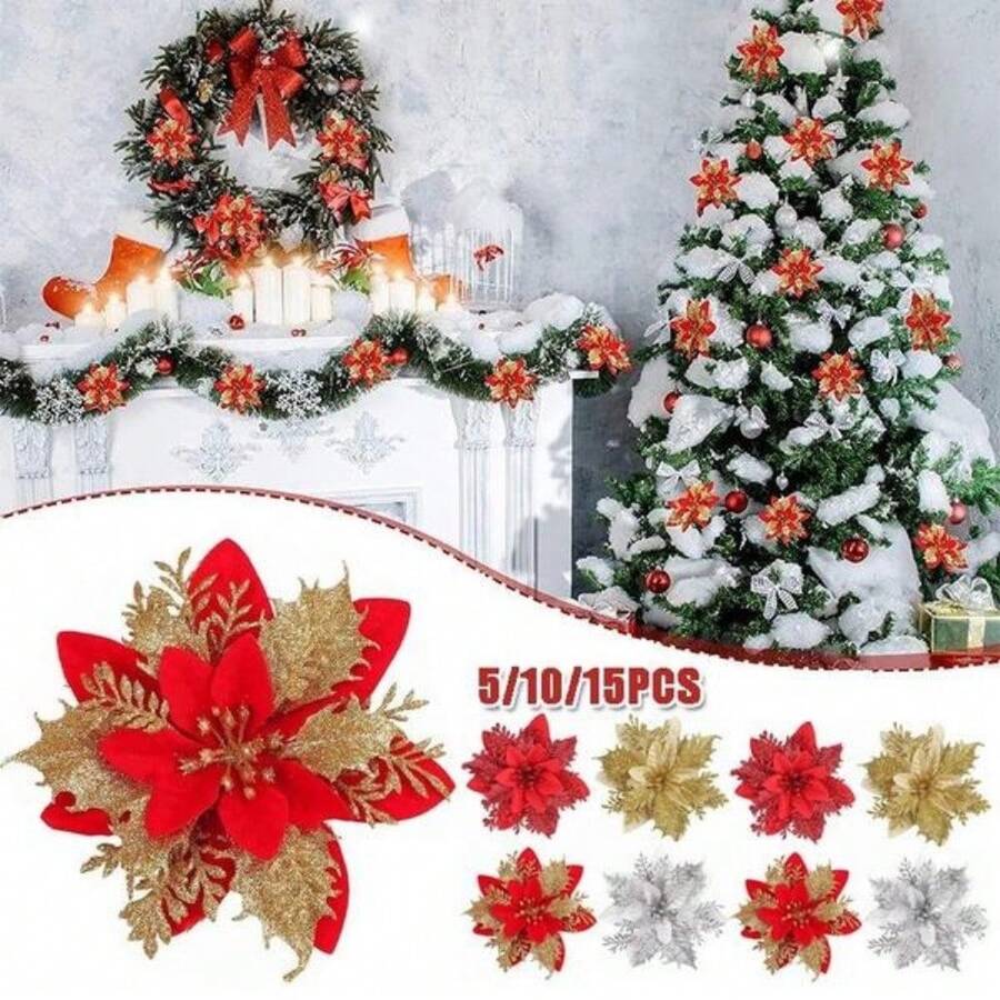 TRIXY 10 件 14 厘米闪光人造圣诞花圣诞树装饰新年快乐饰品圣诞节假花