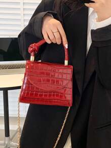 新款百搭链条肩带斜挎包，休闲纯色简约风格鳄鱼纹不对称造型女包，时尚独特石纹手提包，礼物，酒红色包包，包包，新年理想礼物，时尚酒红色包包 - 酒紅色 - 查看 6