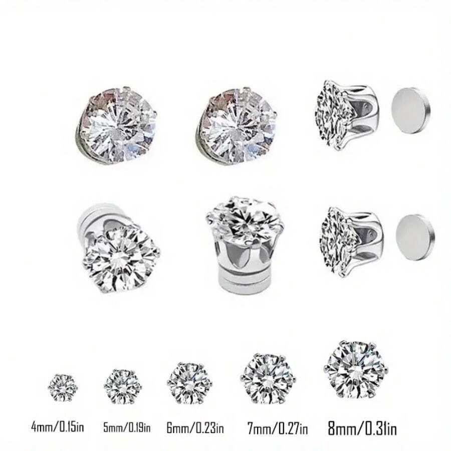 1set 1pair Magnetic Earrings & Cz Ear Clip For Girls Without Piercing, Clear Rhinestone Non-piercing Earring - 4mm white diamond magnetic earrings - View 1
